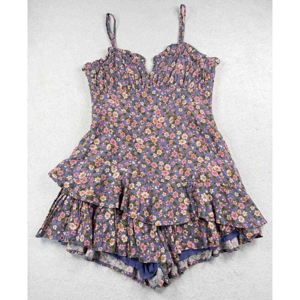 Altar'd State Bishlyn Romper Blue Floral Ruffle Tiered Skort Dress Medium NWT